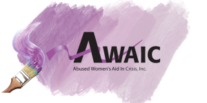 Purple paint splash with paintbrush and AWAIC logo. 