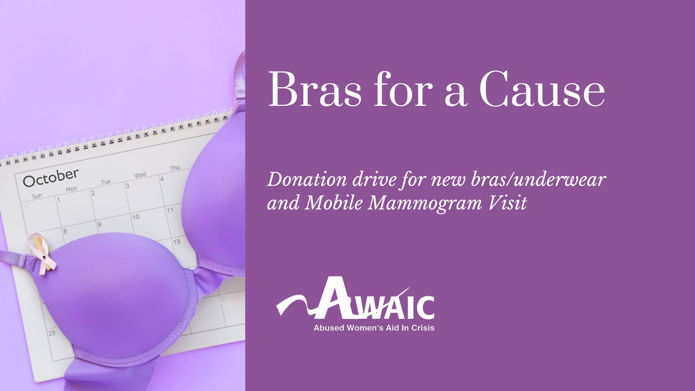 Purple bra in front of a calendar of October.